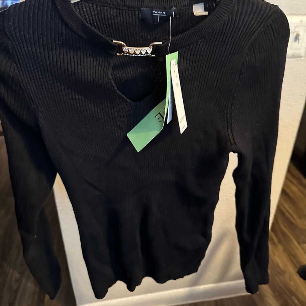 Tahari Black Sweater with Gold Accent